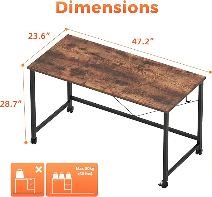 Rolling Computer Desk with Wheels, Gaming Desk - Image 2
