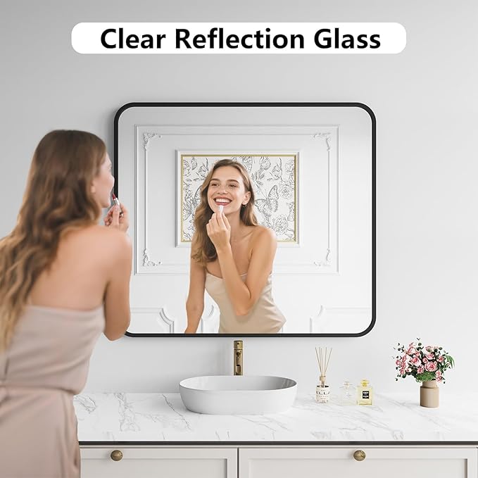 Koonmi Bathroom Mirror, 36X40 Inch Black Metal Framed Mirror - Image 2