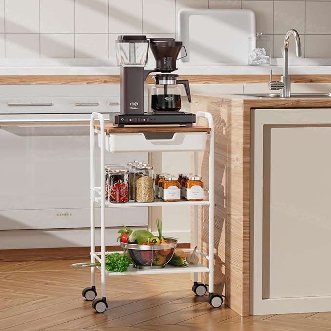 3 Tier Rolling Cart with Drawer, Metal Rolling Storage Cart with Table Top - Image 6