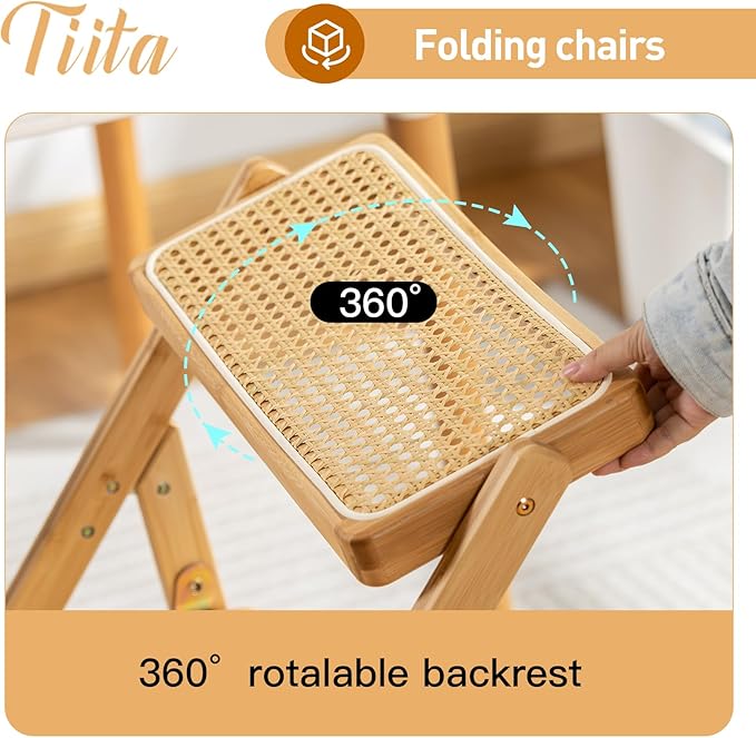 Tiita Rattan Dining Chairs Set of 2, Mid Century Modern Folding Chair, Bamboo - Image 9