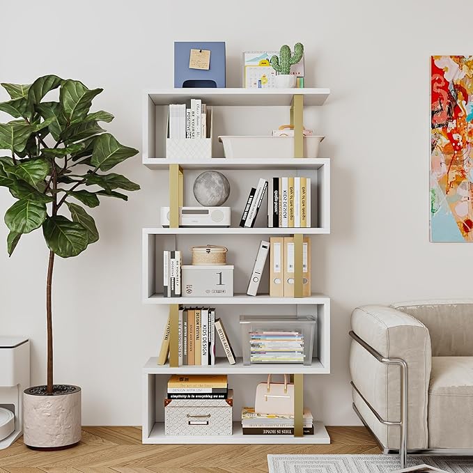 SORCEDAS Bookshelf Geometric Bookcase S Shaped Industrial Bookshelf Storage - Image 4