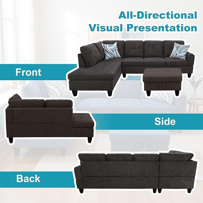 L Shaped Couch Modern Sectional Couch Upholstered Fluffy Fabric 3 Pieces Sofas - Image 6