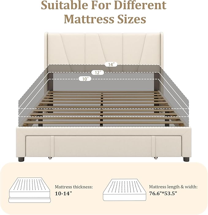 Full Bed Frame with Storage Drawers, Upholstered Platform Bed with Headboard - Image 7