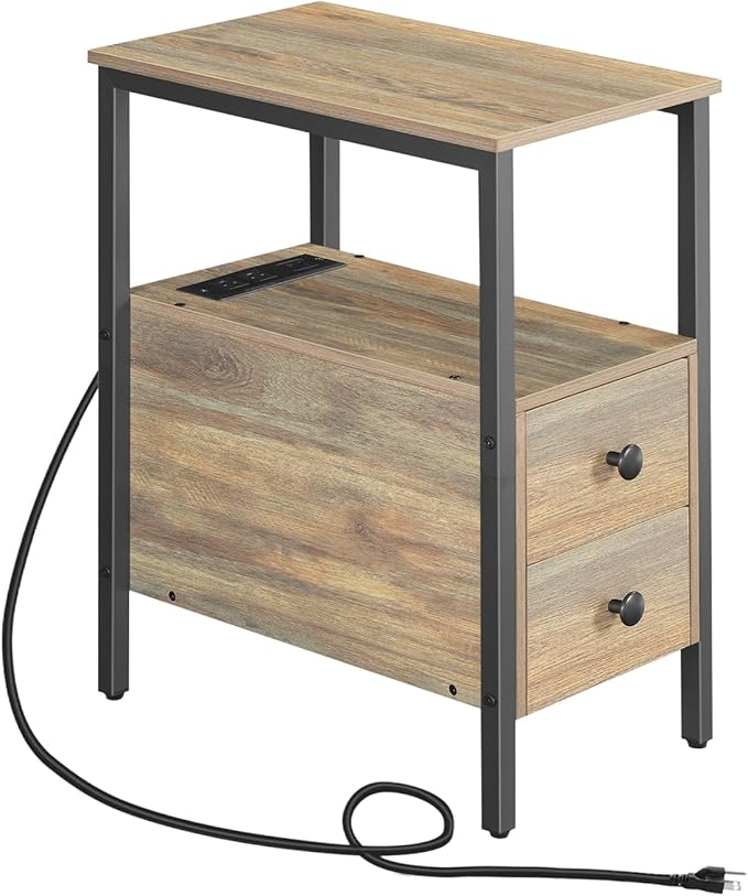 HOOBRO End Table with Charging Station, Narrow Side Table with 2 Drawer & USB by HOOBRO