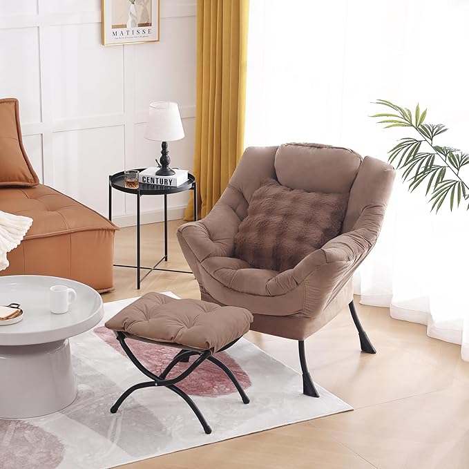 Large Lazy Chair with Ottoman, Accent Reading Chair with a Throw Pillow by HomeEastllyHome