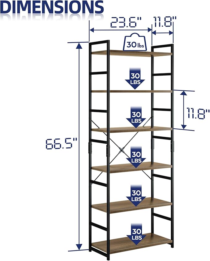NUMENN 6 Tier Bookshelf, Tall Bookcase Shelf Storage Organizer, Modern Book - Image 3