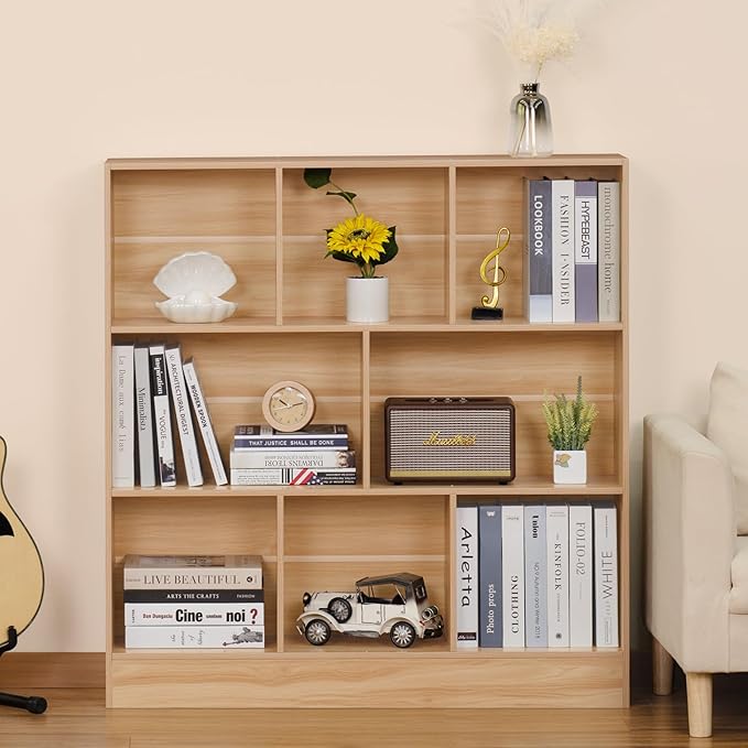 LEYAOYAO 8 Cube Bookshelf with Base, 3 Tier Mid-Century Modern Natural Bookcase - Image 4