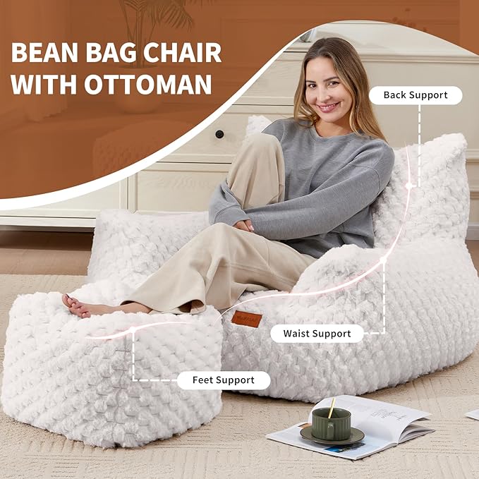 Bean Bag Chair with Ottoman, Modern Giant Bean Bag Couch Sofa with Footstool - Image 3
