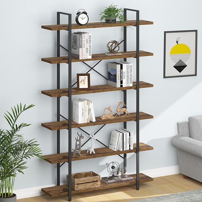 HSH 6 Shelf Tall Bookcase, Industrial Modern Large 6 Tier Bookshelf, Open Wood - Image 9