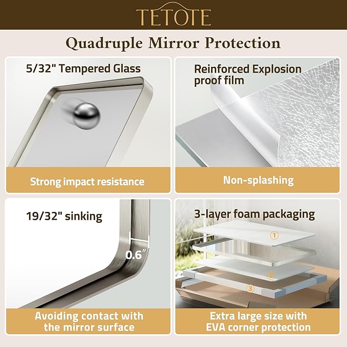 TETOTE Brushed Nickel Mirror 16 x 20 Brushed Nickel Metal Framed Bathroom Mirror - Image 5