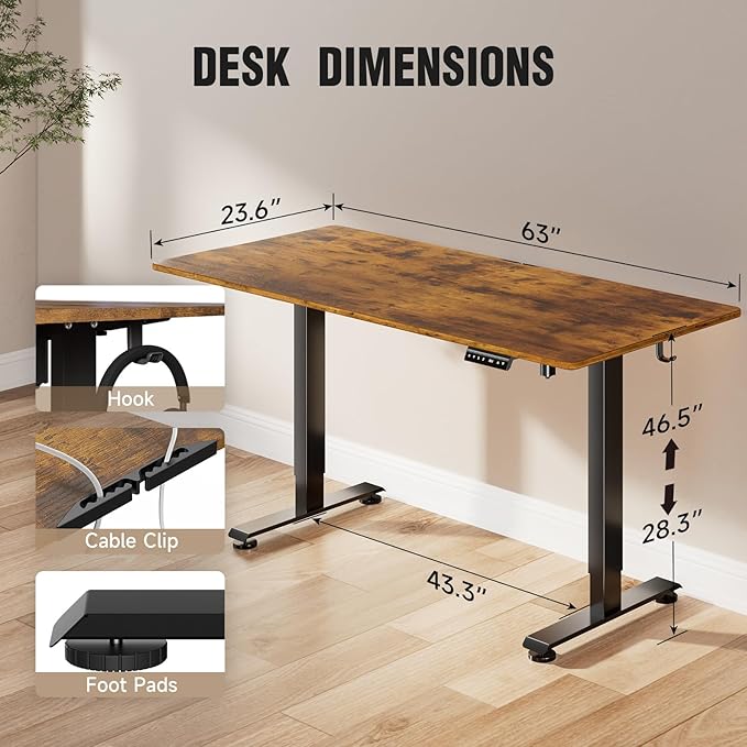 Veken 63 Inch Electric Standing Desk, Height Adjustable Sit Stand Up, Wood - Image 2