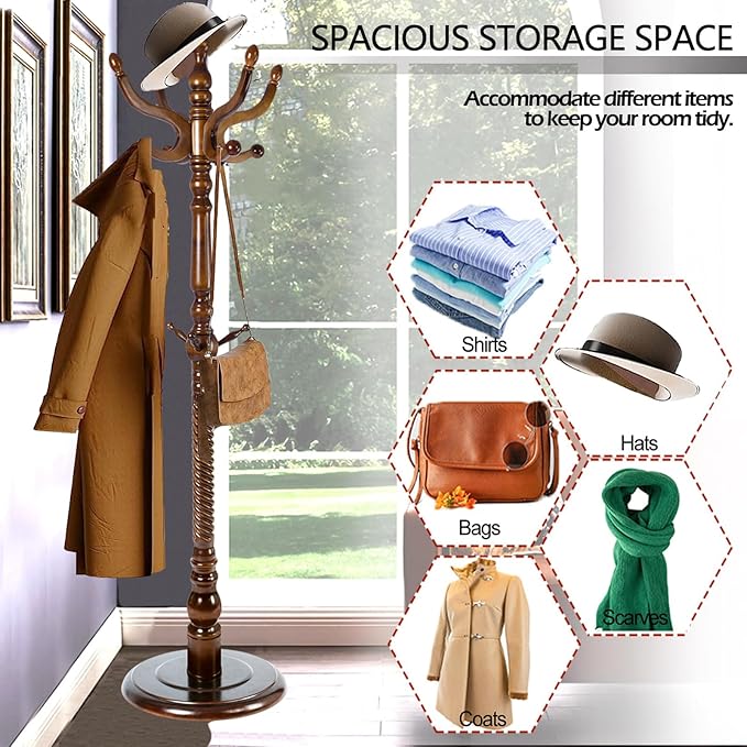 Coat Racks Free Standing with 11 Hooks, Natural Wood Coat Stands - Image 4