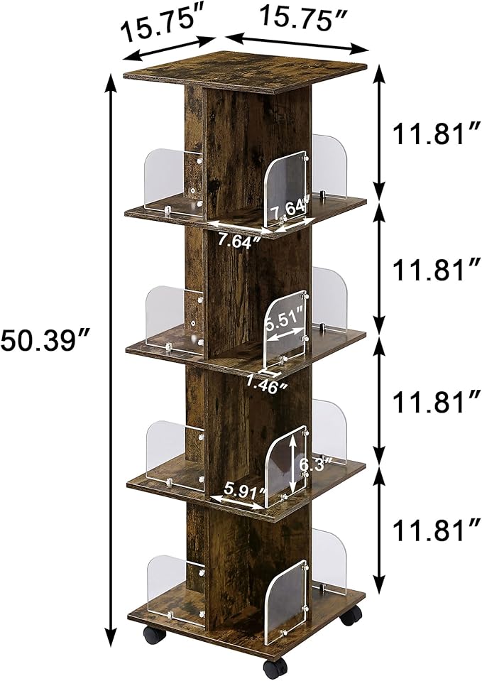 VECELO Rotating Bookshelf with Brake Wheels, 4 Tier Revolving Bookcase - Image 3