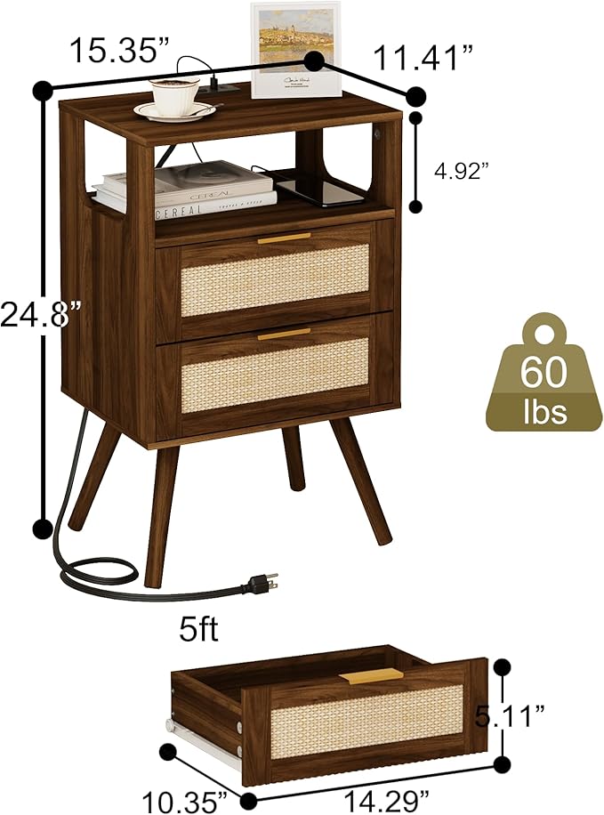 Rattan Nightstand with Charging Station, Modern Bedside Table with 2 Storage - Image 2