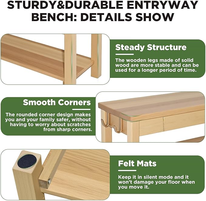 Wood Shoe Bench Entryway with Drawer: 2-Tiers Wooden Storage Shoe Rack with - Image 5