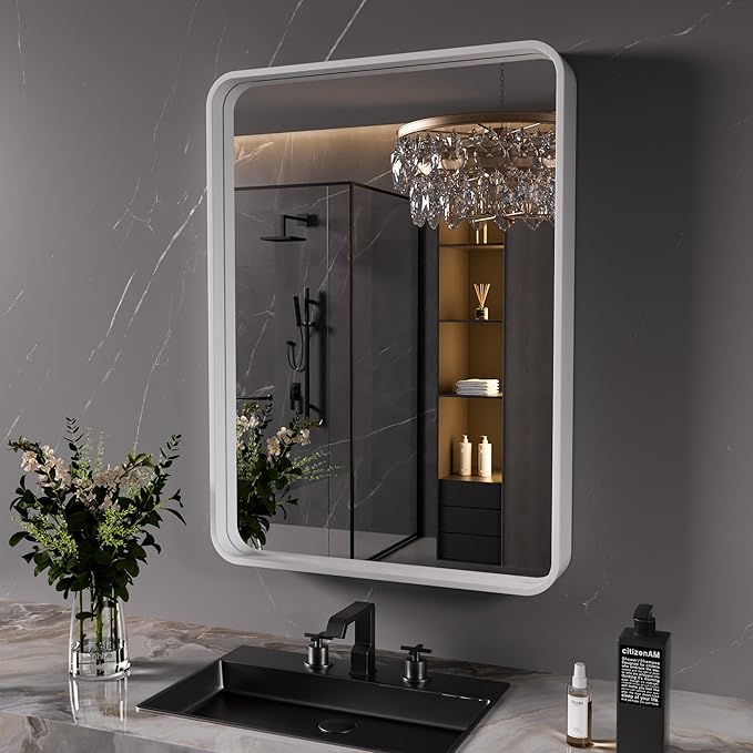 White Bathroom Mirror 24x36 Inch, Rounded Rectangle Matte Bathroom Vanity Mirror by JISOSO