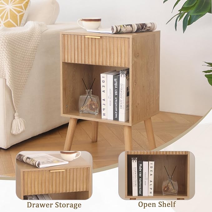 Night Stand with Drawer, Mid Century Nightstand with Storage, Modern Fluted - Image 6