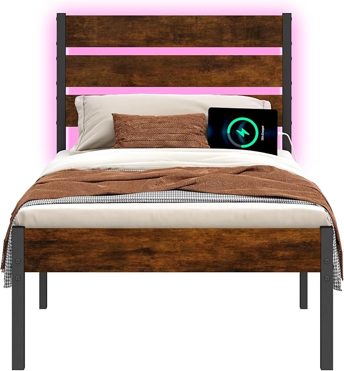 Twin Bed Frame with Headboard, Heavy Duty LED Bed Frame with USB Charging - Image 7