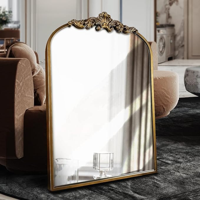 WAMIRRO Arched Gold Mirror, Antique Brass Mirrors, Wall Mounted Mirrors by WAMIRRO