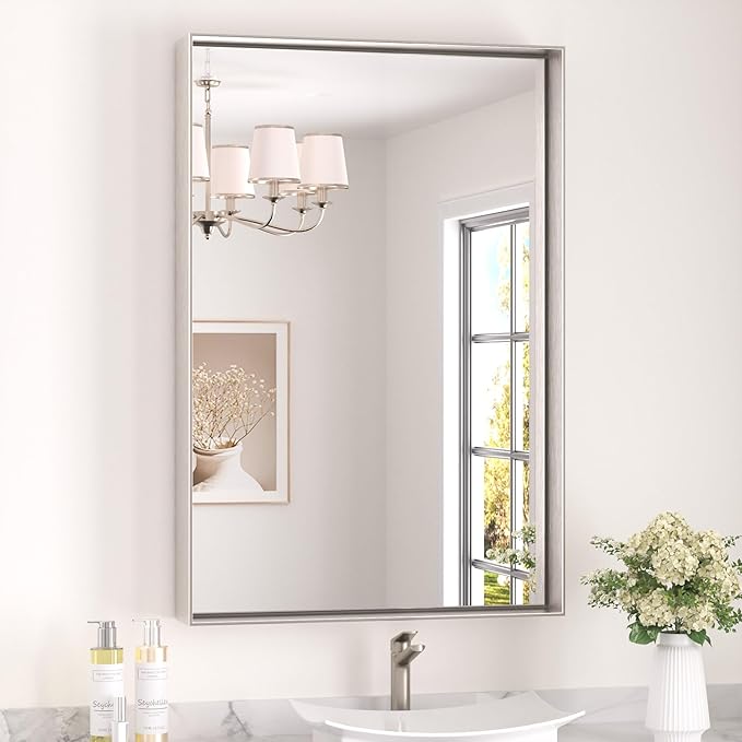 Keonjinn 24 x 36 In Brushed Nickel Bathroom Mirror, Rectangular Metal Framed by Keonjinn
