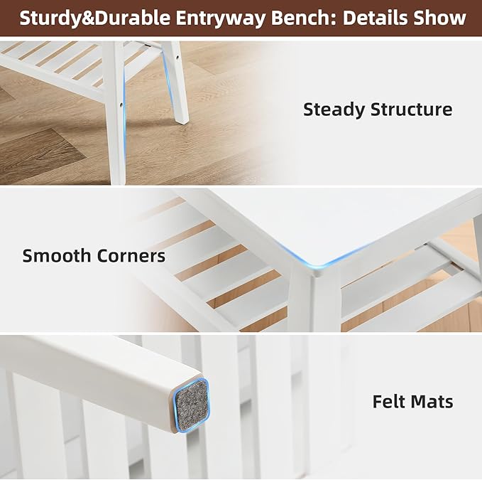 Nnewvante 33.46" Bamboo Dining Bench, 2 Tier Indoor White Storage Bench - Image 7