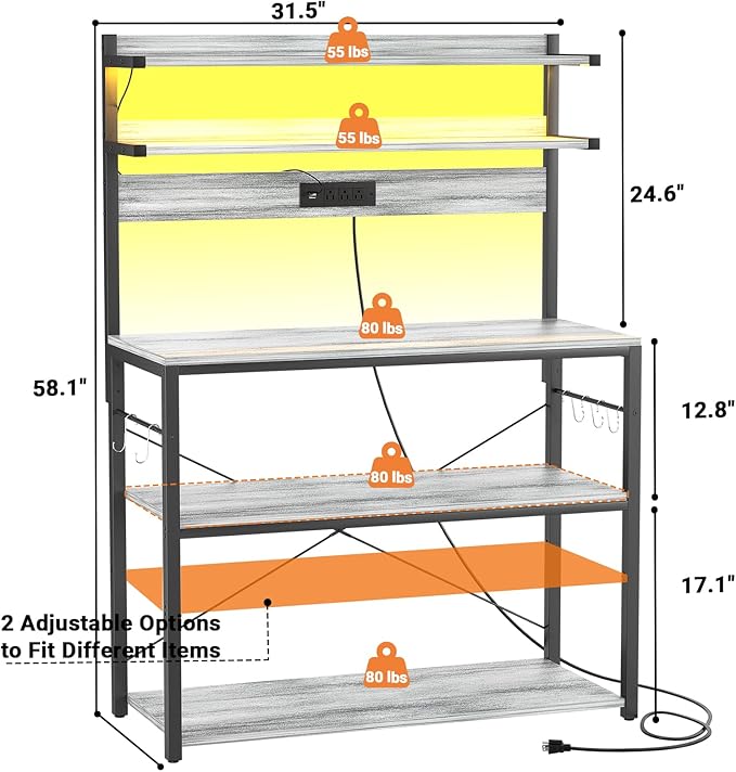Aheaplus Bakers Rack with Power Outlet, Microwave Stand, 5 Tiers Coffee Bar - Image 7