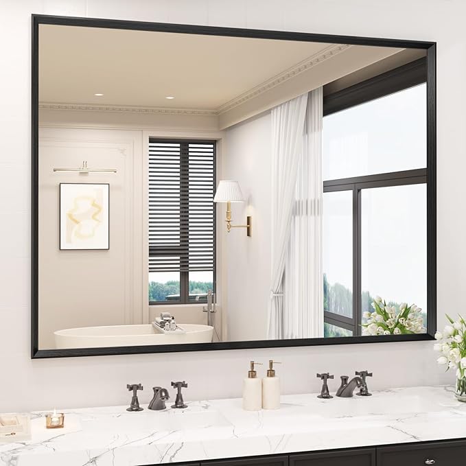 Bathroom Vanity Mirror 48x36 Inch, Matte Black Rectangle Bathroom Mirror by JISOSO