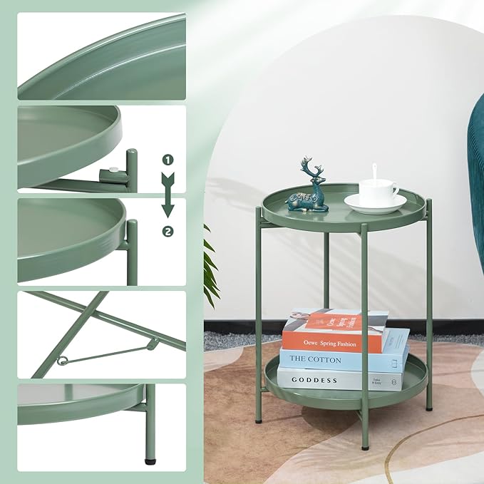 HollyHOME 2-Tier Round Side Table, Outdoor Small Folding Accent Stand - Image 4