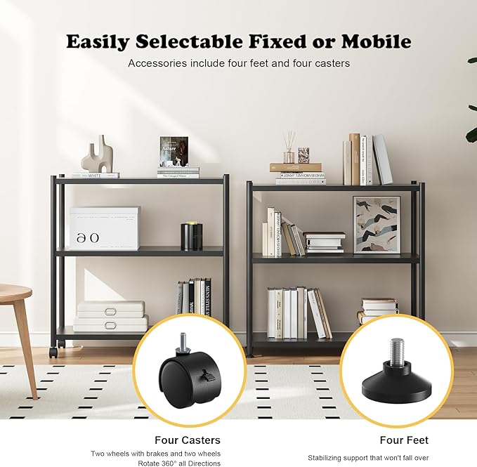 ZZL 3 Tier Small Bookshelf 31.49" Width, Metal Bookcase w/Wheels, Industrial - Image 3