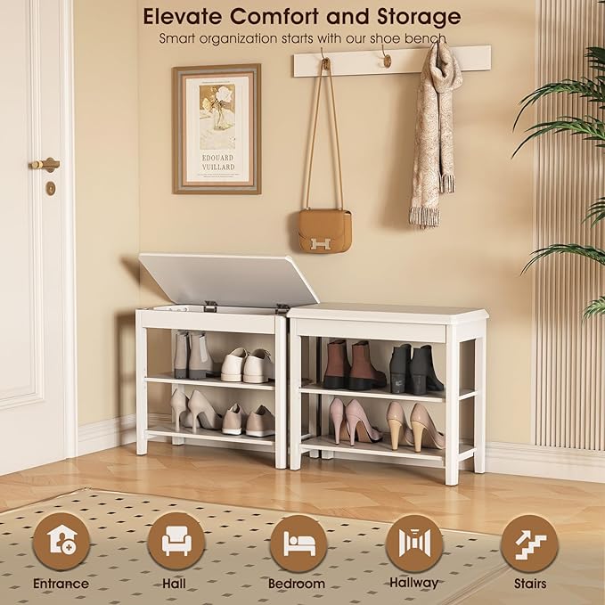 Shoe Rack Bench Seat Rubberwood 2-Tier Wooden Storage Bench 550lbs Compact - Image 3