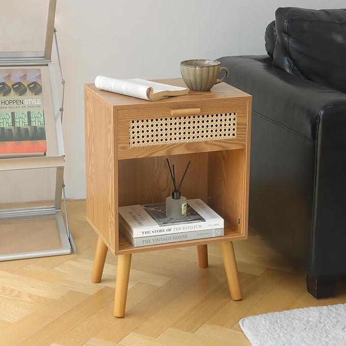 Mid Century Modern Nightstand, Rattan Bedside Table - Image 5