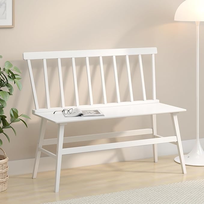 Bamboo Dining Bench, Wooden White Entryway Bench by Unknown