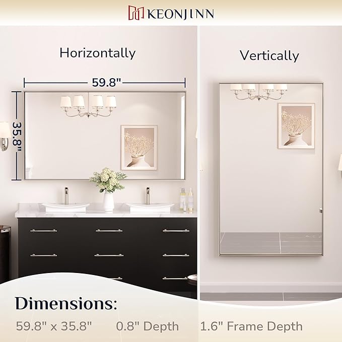 Keonjinn 60 x 36 in Brushed Nickel Bathroom Mirror, Rectangular Metal Framed - Image 7