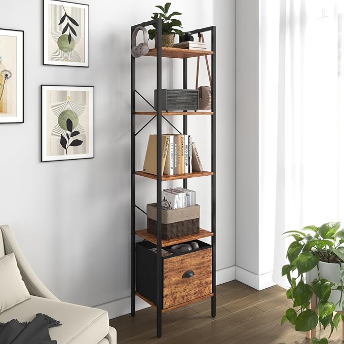 5 Tier Bookshelves, Tall Narrow Bookcases by Unknown