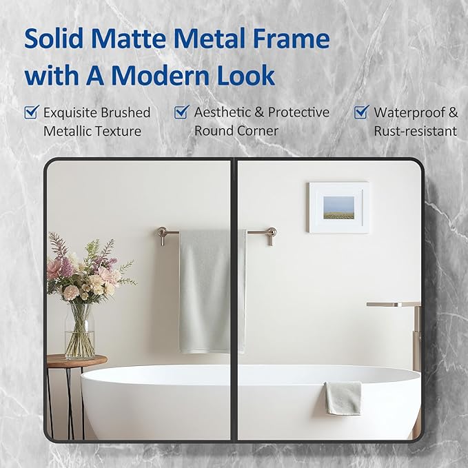 40x30 Inch Black Medicine Cabinet Mirror Metal Framed Recessed Bathroom - Image 5