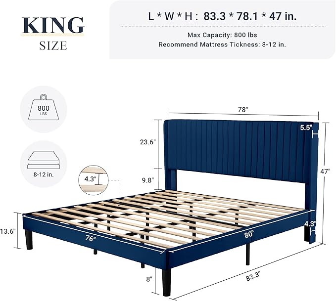 Allewie King Size Velvet Bed Frame/Vertical Channel Tufted Wingback - Image 2