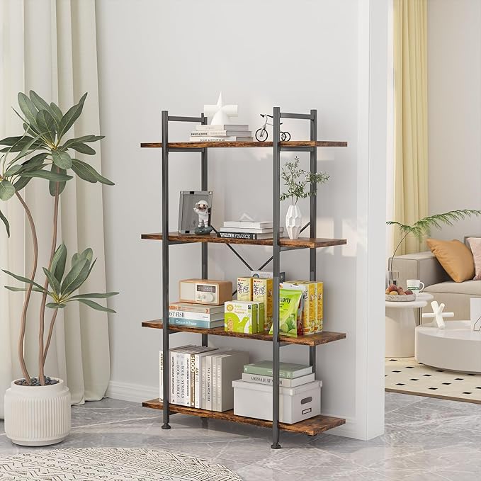 4 Tiers Bookshelf Rustic Brown Wooden Storage Shelf, Industrial Shelf Book - Image 7