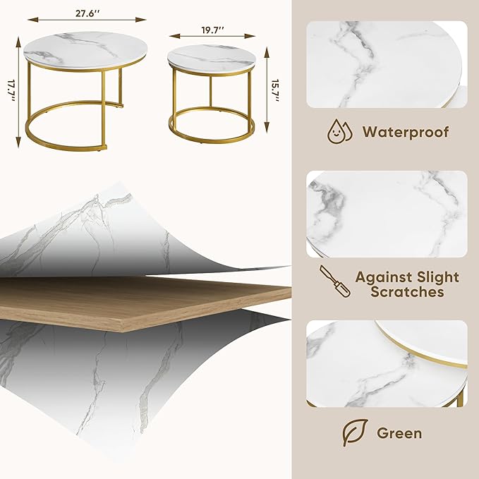 Smuxee White Nesting Coffee Table Set of 2, 27.6" Round Coffee Table Wooden - Image 2