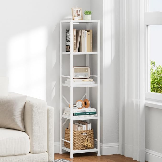 Furologee 5 Tier White Bookshelf, Tall Narrow Bookcase - Image 2