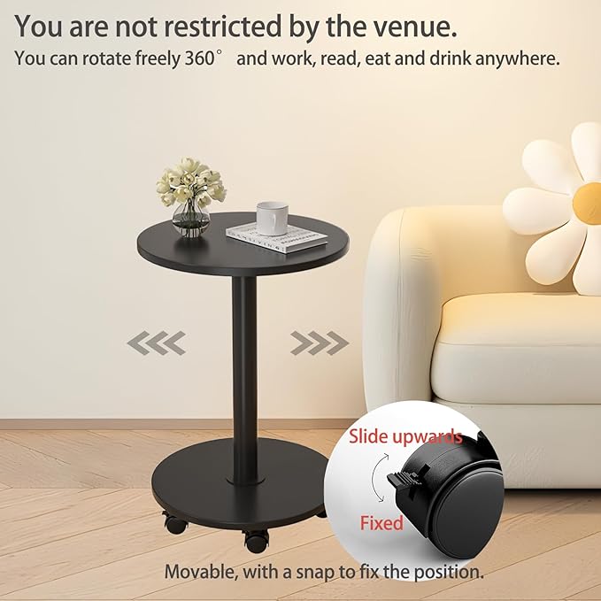 Pedestal Table on Wheels TV Tray Table, Rotating Couch Round Tables, Small Side - Image 4