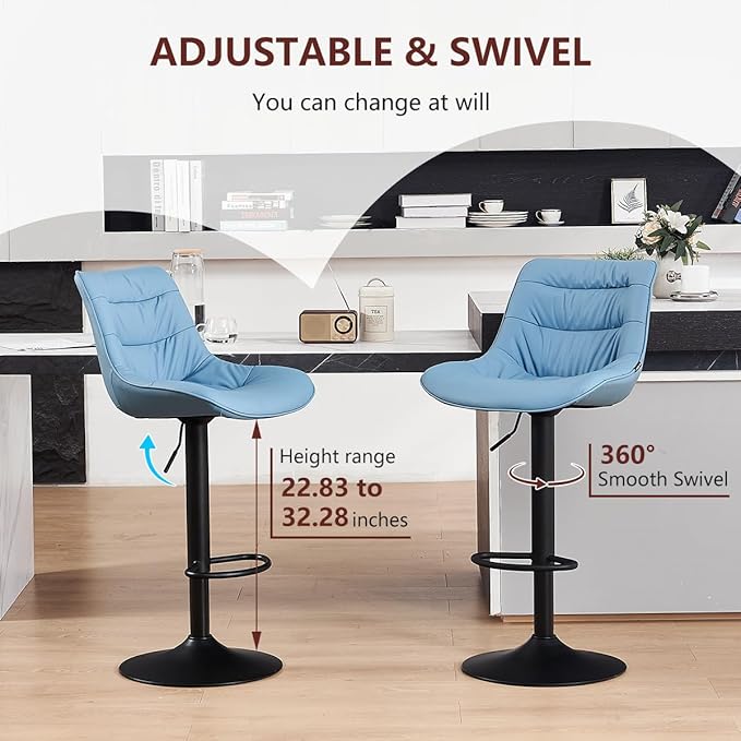 Kidol & Shellder Bar Stools Set of 2 Adjustable Swivel Blue, PU Leather - Image 6