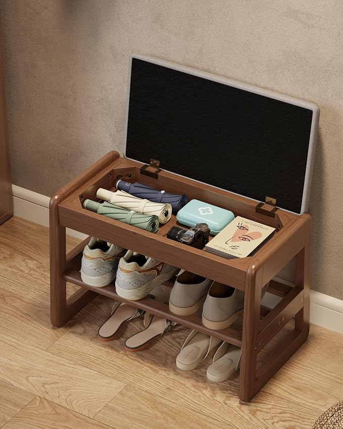 Small Shoe Bench with Cushion, 2 Tiers Shoe Rack Bench with Flip-Top Storage by AQIMUELE-Solidwoodfurniture