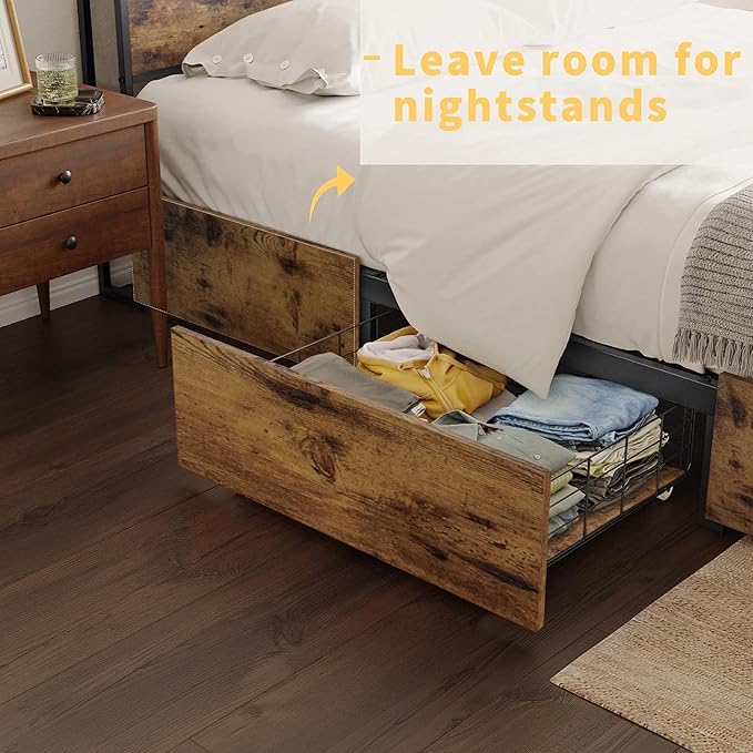 Queen Bed Frame with Storage Headboard and 4 Drawers LED Lights Metal Platform - Image 5