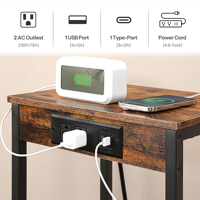 HOOBRO Tall End Table with Charging Station, 30 Inch Tall Nightstand, 3-Tier - Image 4