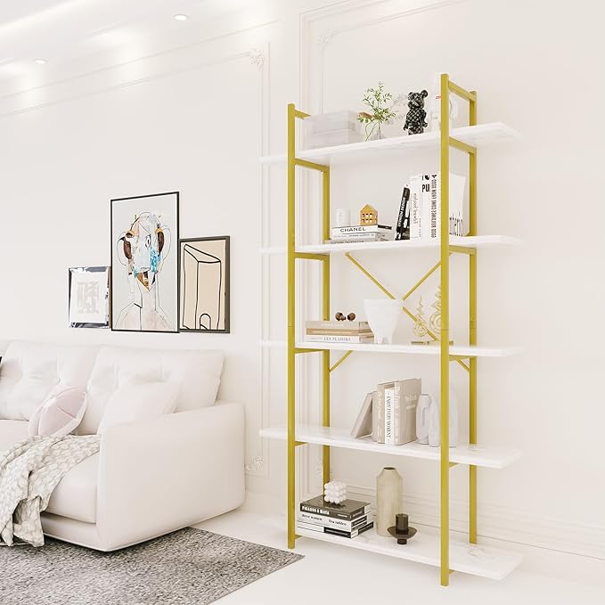 5 Tiers Bookshelf Organizer White Faux Marble Shelf, Modern Open Display - Image 3