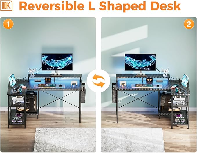 ODK 48 Inch Gaming Desk with USB Charging Ports and LED Lights, Reversible L - Image 8