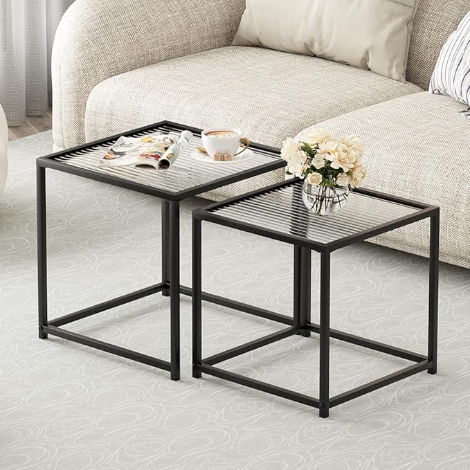 VILAWLENCE Coffee Table Set of 2, Modern Black Patterned Glass Side Table - Image 3
