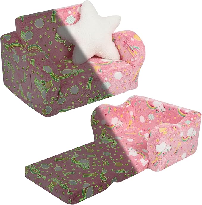 Unicorn Glow in The Dark Toddler Couch, 2-in-1 Toddler Soft Couch Fold Out by MOMCAYWEX