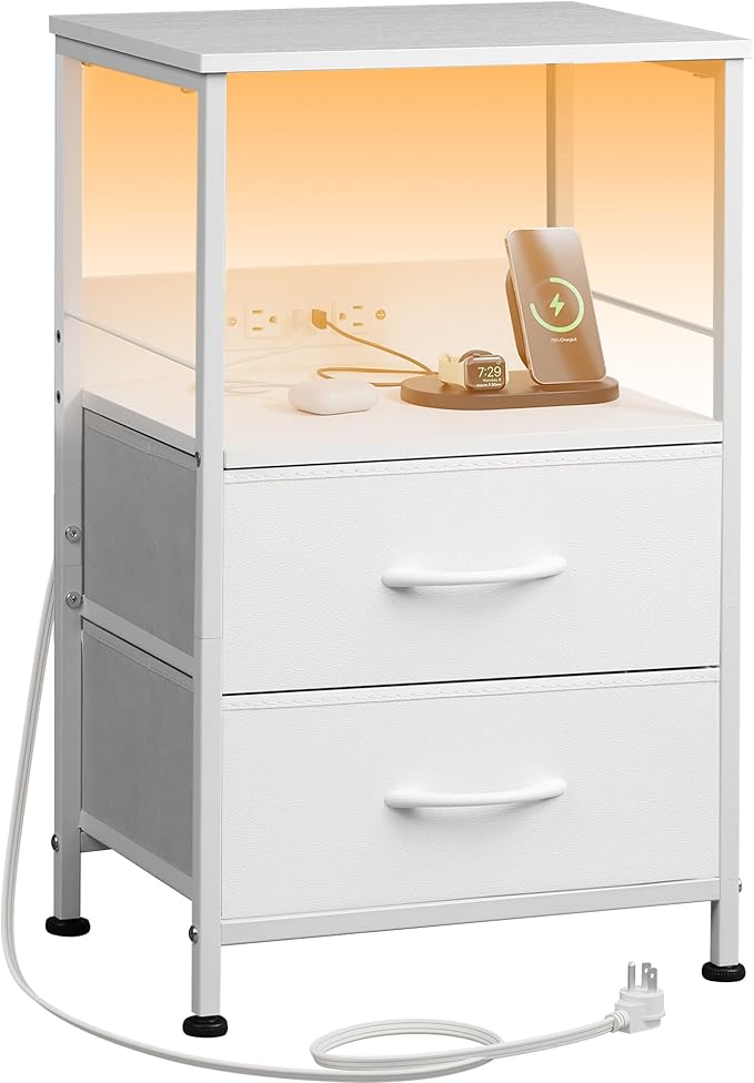WLIVE White Night Stand with Charging Station, LED Nightstand with 2 Fabric by WLIVE