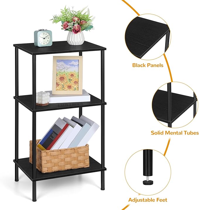 Tall Side Table with Storage 3 Tier Black End Table Metal Storage Shelves - Image 5